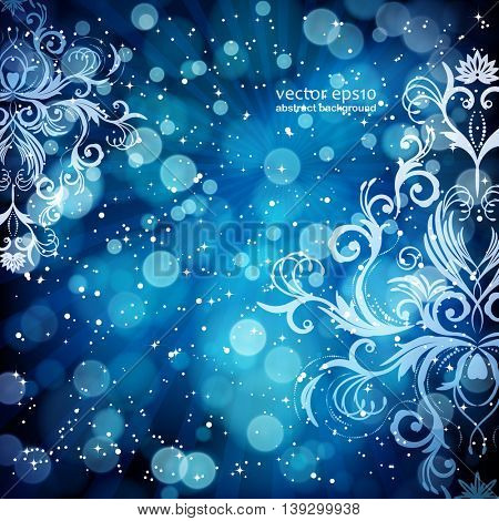 Abstract floral pattern on a blue background, made of transparent rays, stars, bokeh. Magical fantasy flowers design card.  Vector illustration.
