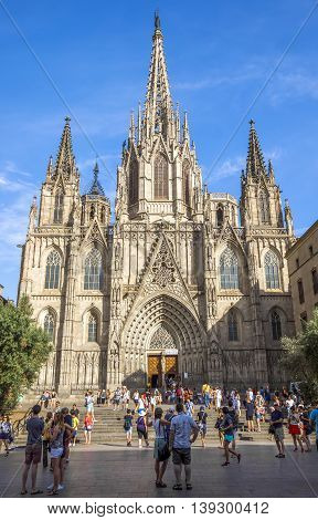 BARCELONA SPAIN - JULY 8 2016: Cathedral of the Holy Cross and Saint Eulalia patron saint of Barcelona in Catalonia Spain.