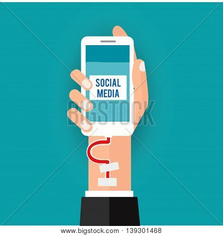 business hand holding  telephone inject blood vessel social addiction.