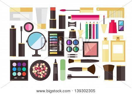 Makeup icons perfume mascara care brushes and makeup comb faced eyeshadow. Makeup glamour accessory. Vector set make up brushes and beauty fashion cosmetic icon.