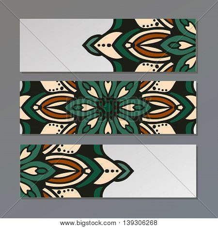 Set Vector Horizontal Banners With Colorful Mandala. Islam, Arabic, Indian, Ottoman Motifs. Oriental