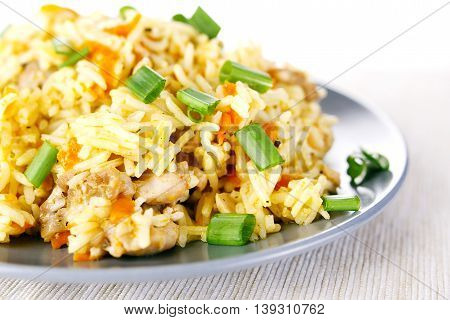 Fragrant Pilau Pulav pilaf pilaf, fried rice with meat and vegetables on a grey plate. Isolated on white. Macro.