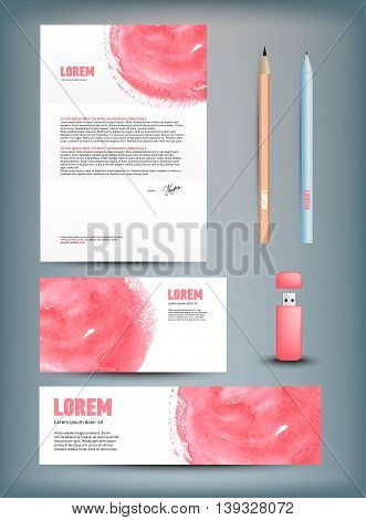 Corporate identity templates: disk, pen, pencil, cup, usb flash driver. Isolated with soft shadows Vector illustration