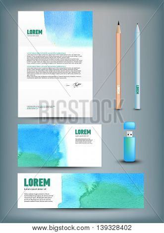 Corporate identity templates: disk, pen, pencil, cup, usb flash driver. Isolated with soft shadows Vector illustration