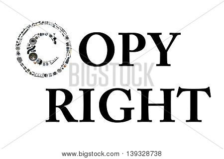 Copyright icone with auto parts for car. Spare parts for car for shop, aftermarket OEM. Many auto parts isolated in copyright icone
