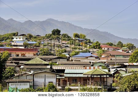 Chinese houses on hill at Santichon village Pai city Mae Hong Son Province Thailand.