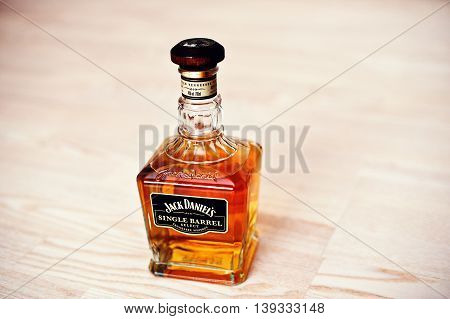 Hai, Ukraine - Circa May,2016: Bottle Of Whiskey Jack Daniels Single Barrel Select, On Wooden Backgr