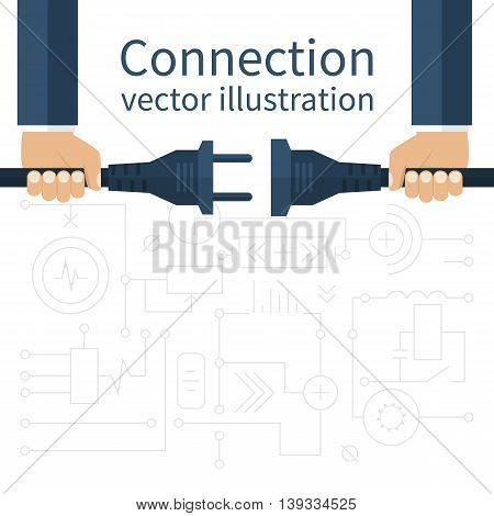 Connection disconnection electricity. Vector illustration flat design. Men are holding in hand plug and socket to connect. Abstract concept isolated on the background of electric circuit.