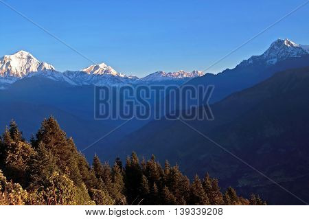 Panorama view of the majestic of himalayan mountain range during sunrise view from Poon Hill view point at Nepal