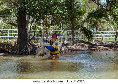Tuaran, Sabah, Malaysia - June 7, 2016: Unidentified fisherman catch fish by throwing net.
