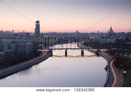 Novospassky bridge, Moscow river and evening panorama of Moscow, Russia