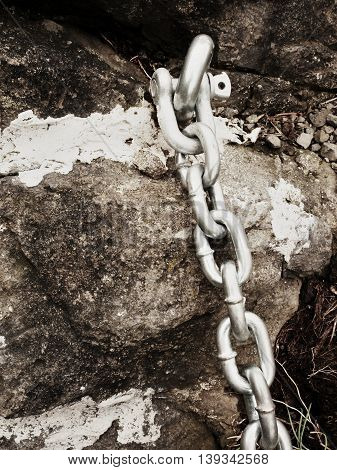 Detail Of Steel Bolt Anchor Eye In Sandstone Rock Hold Steel Chain.