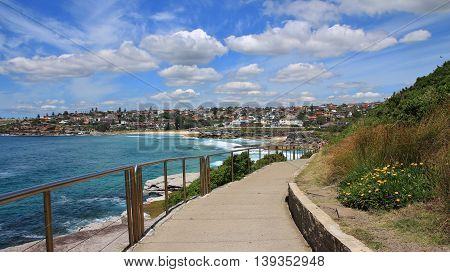 Coastal scene in Sydney. Path leading from Bondi Beach to Tamarama Beach.