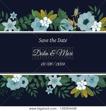 Cute wedding invitation to celebration on card with flowers decoration vector illustration. Wedding invintation card template. Flower leaf bunch. Wedding invintation. Flowers card. Layout of wedding invitation card. Flowers on frame. Wedding invintation d
