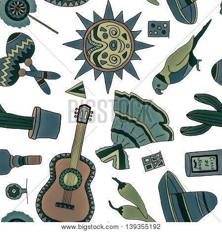 Seamless pattern with hand drawn mexican elements. Perfect background for your design. Travel to Mexico texture.