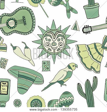Seamless pattern with hand drawn mexican elements. Perfect background for your design. Travel to Mexico texture.