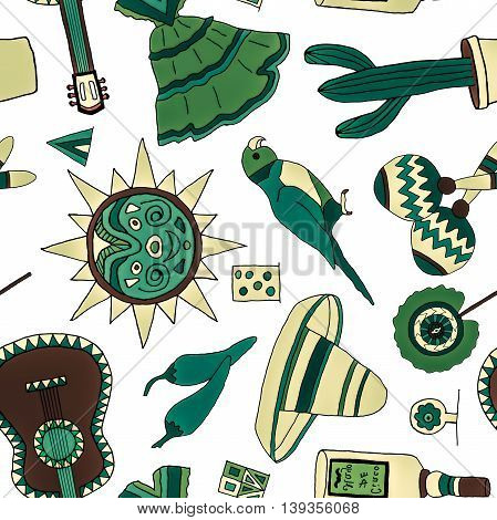 Seamless pattern with hand drawn mexican elements. Perfect background for your design. Travel to Mexico texture.