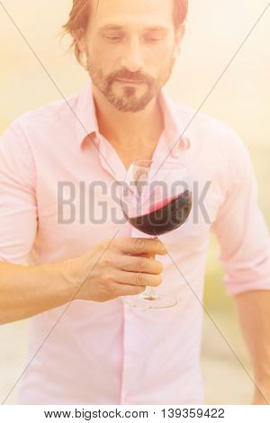 Sommelier tasting expensive old red wine. Toned picture of bearded man in pink shirt looking at glass with delicious red wine.