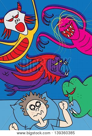 boy experiencing terrifying bad dream nightmare vector illustration