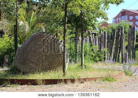 Historic Rune Stone At The Castle In Trelleborg, Sweden