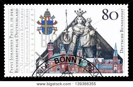GERMANY - CIRCA 1987 : Cancelled postage stamp printed by Germany, that shows Pope Johannes Paulus II.