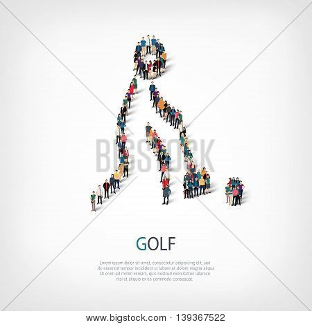 Isometric set of styles, people, sports, golf , web infographics concept of a crowded square, flat 3d. Crowd point group forming a predetermined shape. Creative people.  illustration.