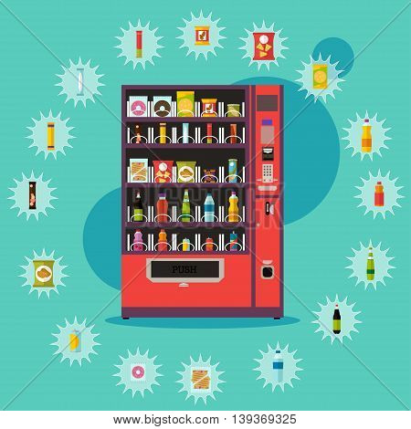 Vending machine with product items. Vector illustration in vector style. Food and drinks design elements and icons.