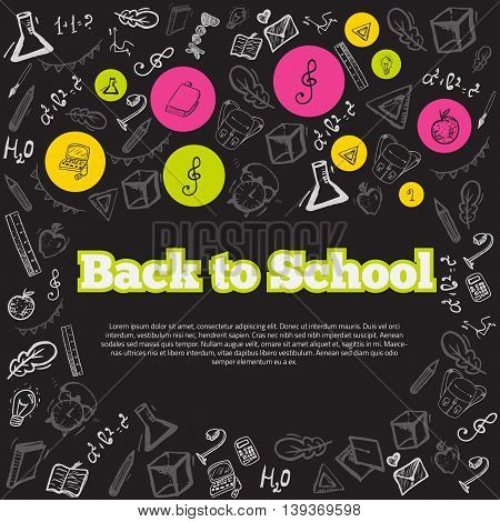 Freehand drawing school items on chalk board. Back to School. Vector illustration. Modern style banner concept.