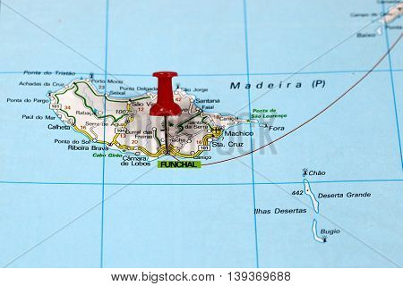 Map with pin point of Funchal on Maderia