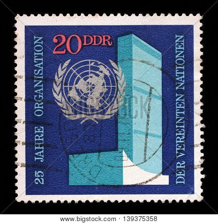 ZAGREB, CROATIA - JULY 03: A stamp printed in GDR shows The 25th Anniversary of the United Nations, circa 1970, on July 03, 2014, Zagreb, Croatia