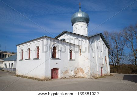 The old Church of Nikola Belyi, sunny april day. Veliky Novgorod, Russia
