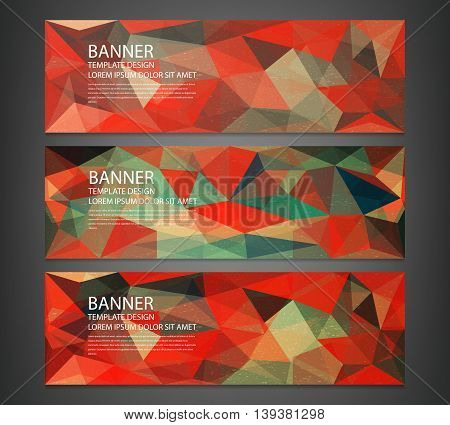 Three banners with abstract multicolored polygonal mosaic background. Modern geometric triangular pattern. Business design template. Website header template. Vector illustration