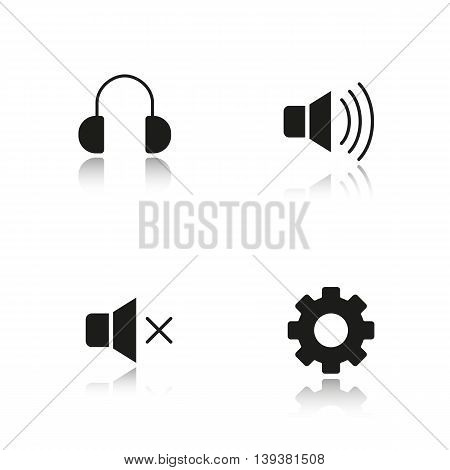 Audio player interface drop shadow black icons set. Mute on and off buttons, headphones and settings symbols. Music player menu isolated vector illustrations