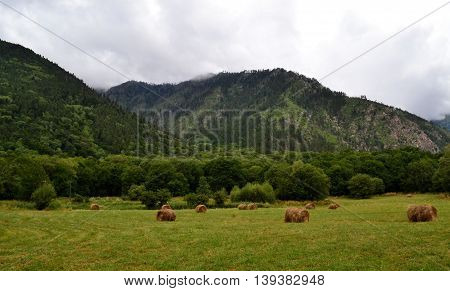 hay bales reserve Teberda, Karachay-Cherkessia Republic, Russia. Photo taken on: July 28 Sunday, 2013