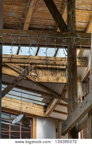 Dormer Windows From Inside. Architectural Detail With Old Wooden Dormer And Windows..