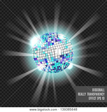 Disco ball with glow. Really tranparency effect. Disco background. Template for your design. Blue