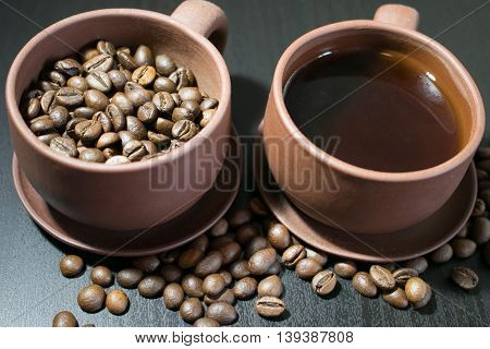 cups with coffee and coffe beans. Brazilia