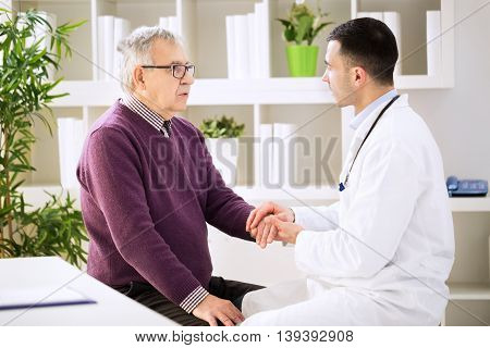 Doctor console senior patient sick concept in clinic