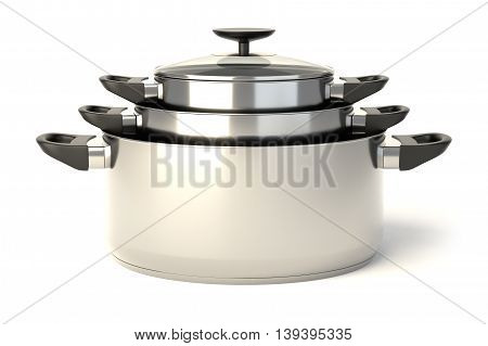 Stainless steel pots on white background. Set of three stacked cooking pots with glass see through lids. 3D illustration.