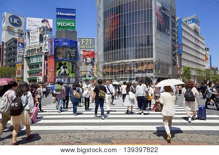 TOKYO, JAPAN - May 18, 2016: Shibuya, It's the shopping district which surrounds Shibuya railway station. This area is known as one of the fashion centers and major nightlife of Japan on May 18, 2016.
