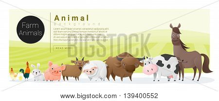 Cute animal family background with farm animals , vector , illustration