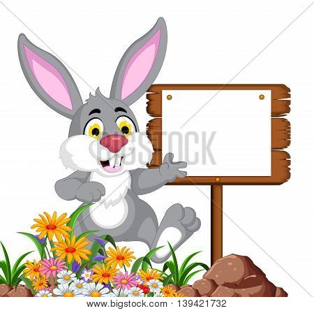 funny rabbit cartoon posing with blank sign