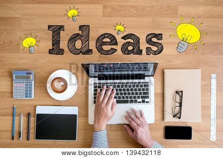 Hands At Work With Computer And A Laptop With Other Objects Around, Coffee,  Top View, Ideas Concept