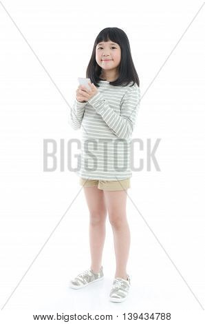 Beautiful Asian girl with mobile phone isolated on white background