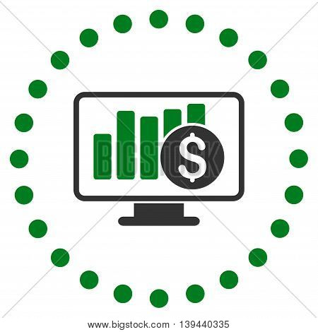 Stock Market Monitoring vector icon. Style is bicolor flat circled symbol, green and gray colors, rounded angles, white background.