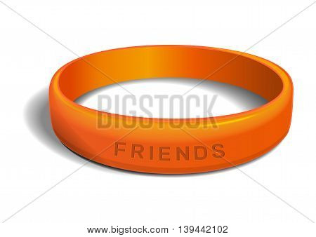Orange plastic wristband with the inscription - FRIENDS. Friendship band isolated on white background. Realistic vector illustration for International Friendship Day