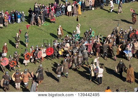KRAKOW POLAND - MARCH 29 2016: Unidentified participants of Rekawka - Polish tradition celebrated in Krakow on Tuesday after Easter. Currently has the character of festival historical reconstruction