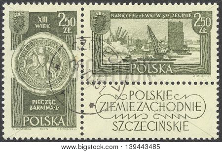 MOSCOW RUSSIA - CIRCA JANUARY 2016: a post stamp printed in POLAND shows Barnim I and Eve Quay in Szczecin the series 
