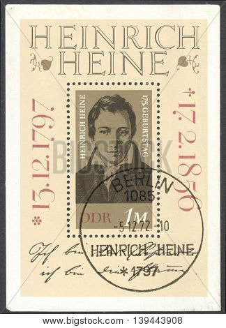MOSCOW RUSSIA - CIRCA JANUARY 2016: a post stamp printed in DDR shows a portrait of Heinrich Heine devoted to the 175th Anniversary of the Birth of Heinrich Heine circa 1972