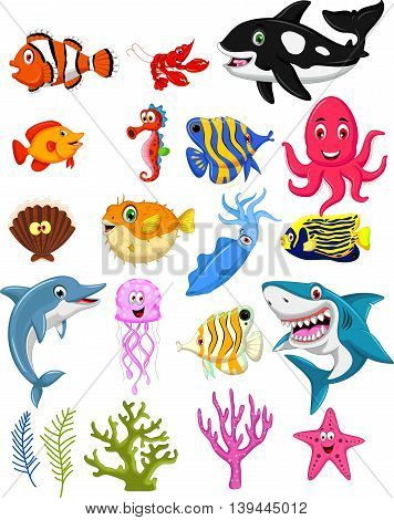 collection of cute sea animal cartoon posing